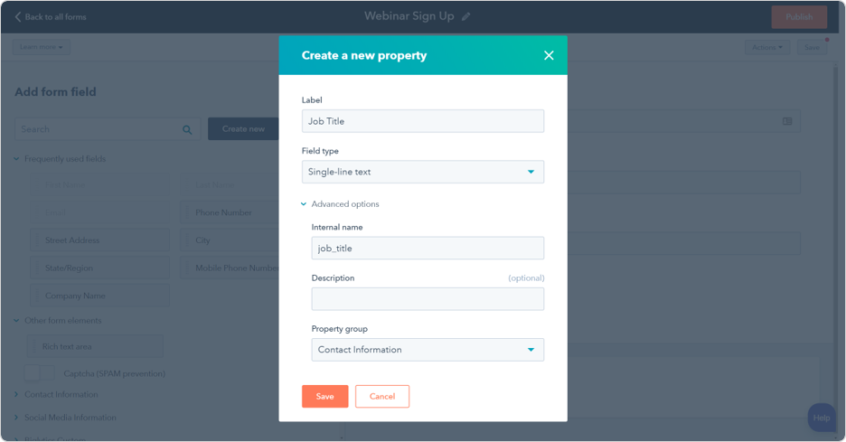 HubSpot forms tool showing integration with CRM database