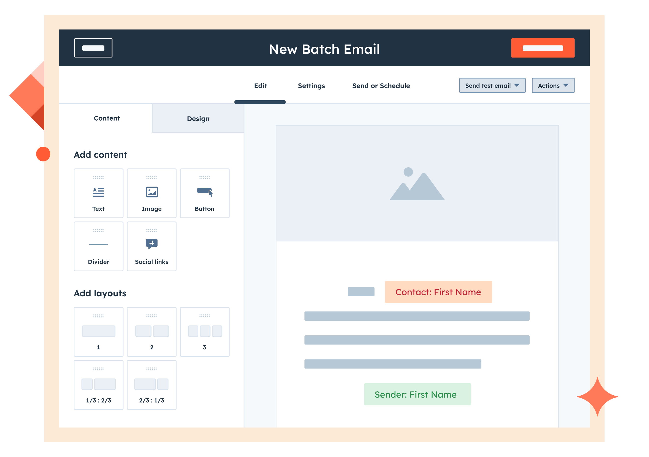 HubSpot simplified UI showing the email editor, where a user is creating a nurturing email with the help of HubSpot AI