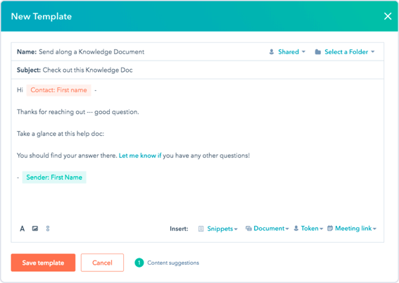 HubSpot UI showing a user creating a new email template to make customer communications more efficient