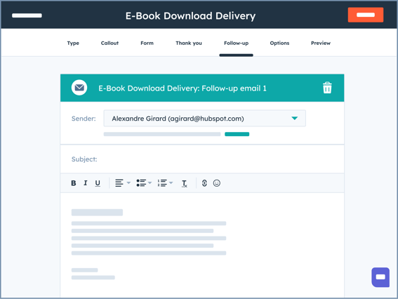 HubSpot user interface showing an automated nurturing email created in HubSpot