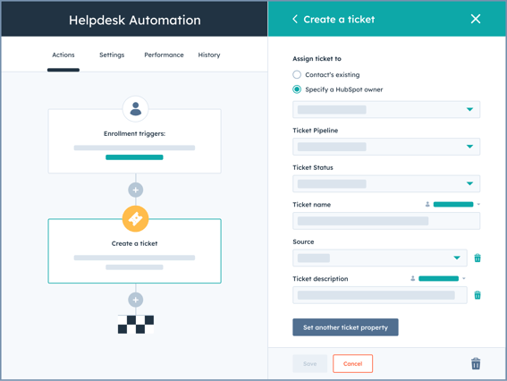 HubSpot user interface showing how to create a customer ssupport ticket with automation